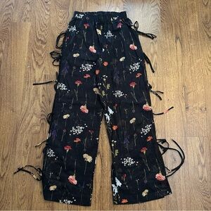 Lisa Says Gah Black Floral Pants side ties semi sheer size XS elastic waist